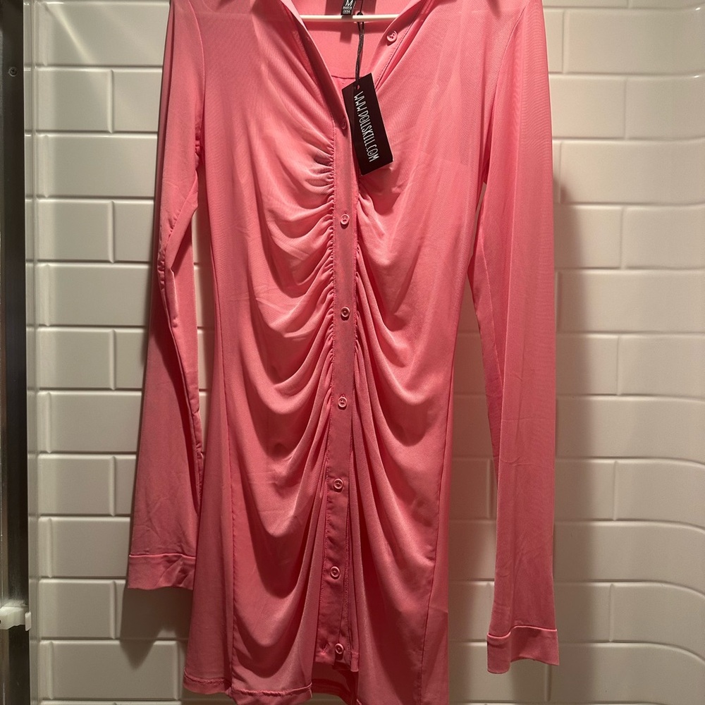 Current Mood Pink Ruched Button-Up Dress